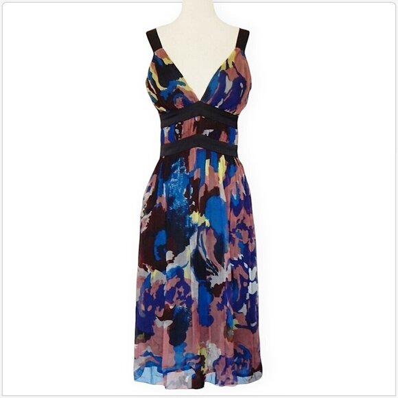 French Connection Colorful Chiffon Empire Waist Satin Trim Cocktail Dress 2 - Picture 1 of 4